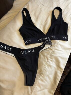 Versace Black Logo Elastic Triangle Bralette & Thong Set